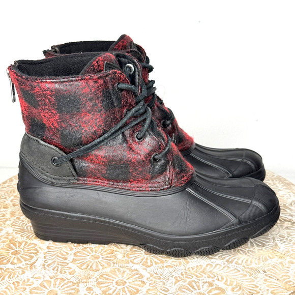 Sperry Top Sider Duck Boots Womens Sz 5.5 Black Red Plaid‎ Wool Saltwater Wedge - Picture 1 of 10